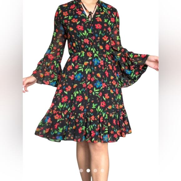 Calvin Klein Floral Chiffon Dress Size 12 with neck tie and long sleeves - Picture 1 of 12